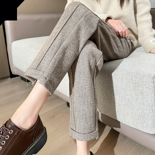 Small Women's Autumn And Winter Herringbone Pattern Woolen Trousers