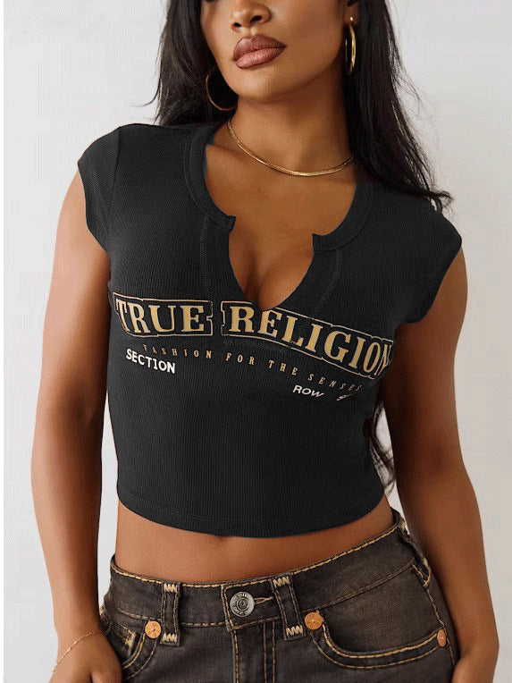 Cropped Slim-fit Letter-print Midriff-baring T-shirt For Women