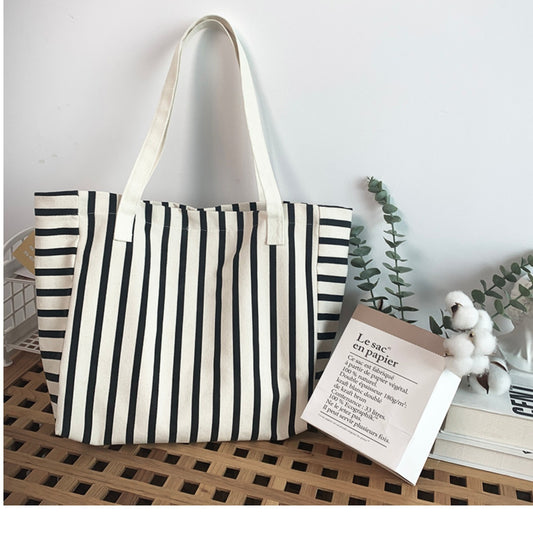 Striped Canvas Bag For Women Single-shoulder Large Capacity For Students