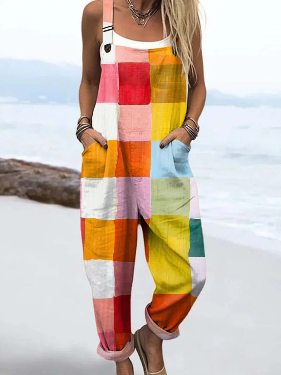 Digital Printing Button Casual Suspender Trousers