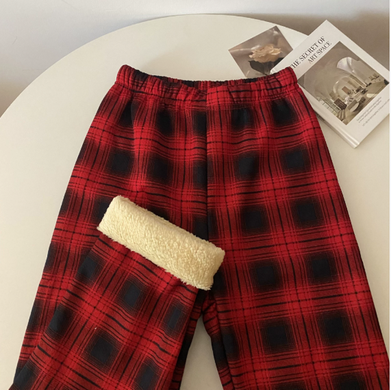 Fleece Cashmere Plaid Wide-leg Casual Pants