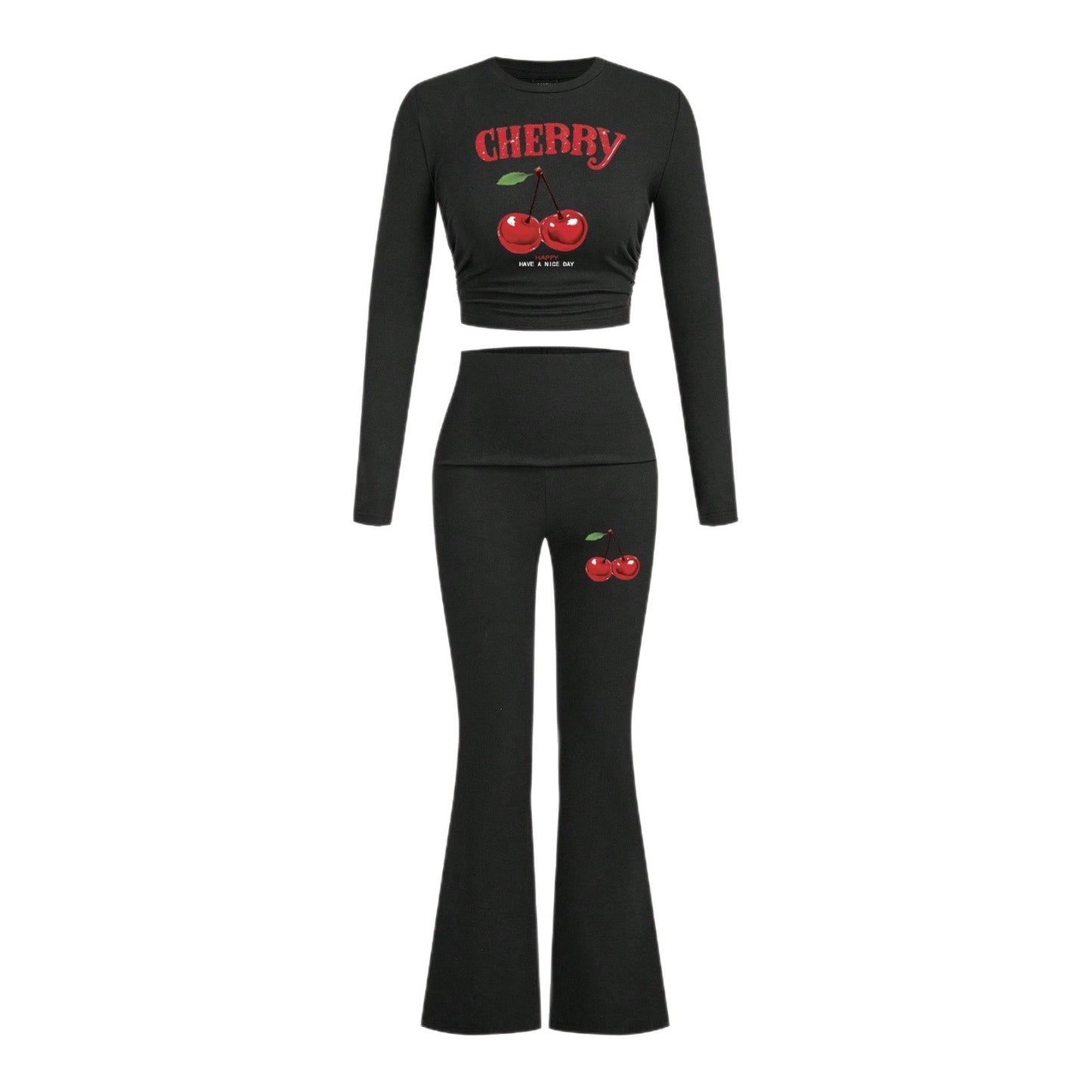 Sporty Retro Printed Stretchy Minimalist Long Sleeve Top And Pants Set For Women