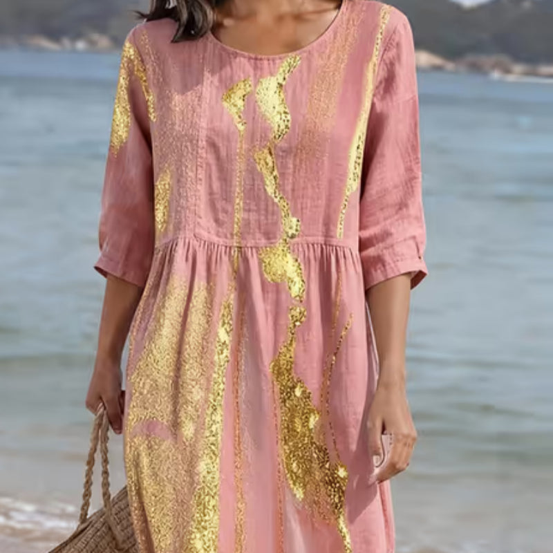 Women's Casual Round Neck Mid Sleeve Print Cotton And Linen Dress