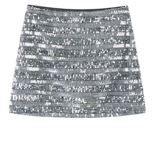 American Design Temperament Hot Girl High Waist Silver Paillette A- Line Skirt
