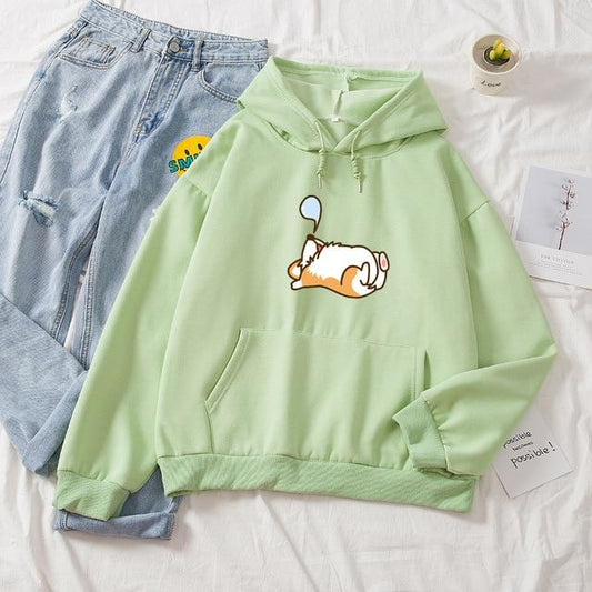 Snorkende Corgi Blød Hættetrøje Grøn