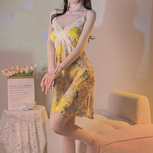 Yellow Floral Satin Cross Lace Waist Slimming Nightdress