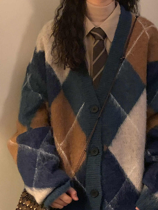 Loose Diamond Plaid Contrast Color V-neck Knitted Cardigan Sweater