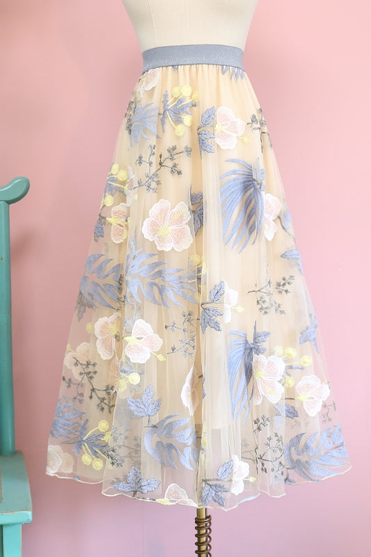New Mesh Floral High Waisted Elastic Skirt