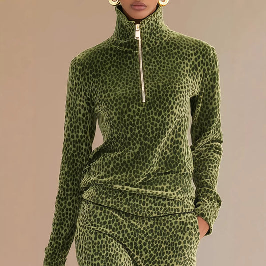 Womens Sporty Leopard-print Stand-collar Long-sleeve Top And Skirt Two-piece Set