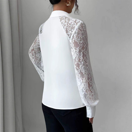 Women's Lace Solid Color Button Long Sleeve Shirt