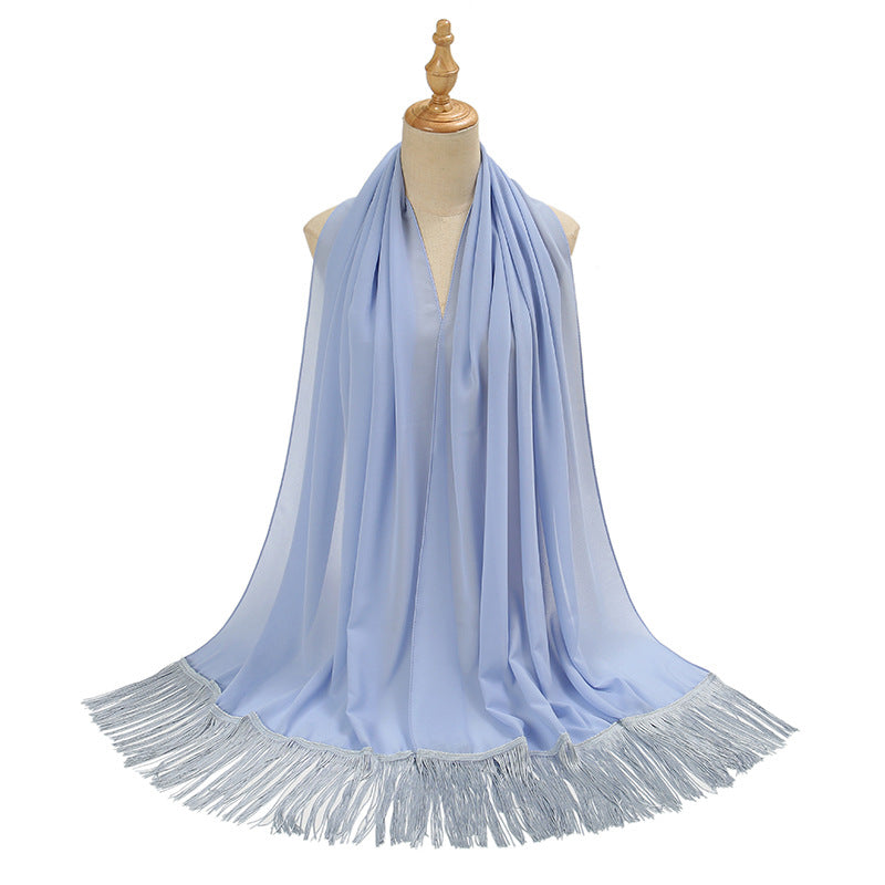 Pearl Chiffon Bubble Towel Long Fringe Decorative Scarf
