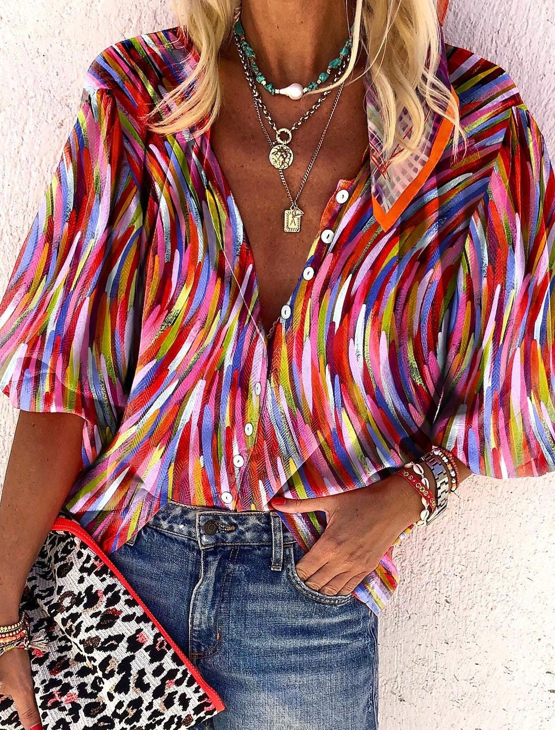 Creative Shading Pattern 3D Printing Home Leisure Short Sleeve V-neck Shirt Women
