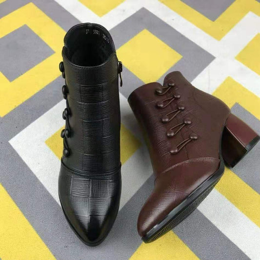 Embossed Double-breasted Martin Boots Women's Pointed Toe Side