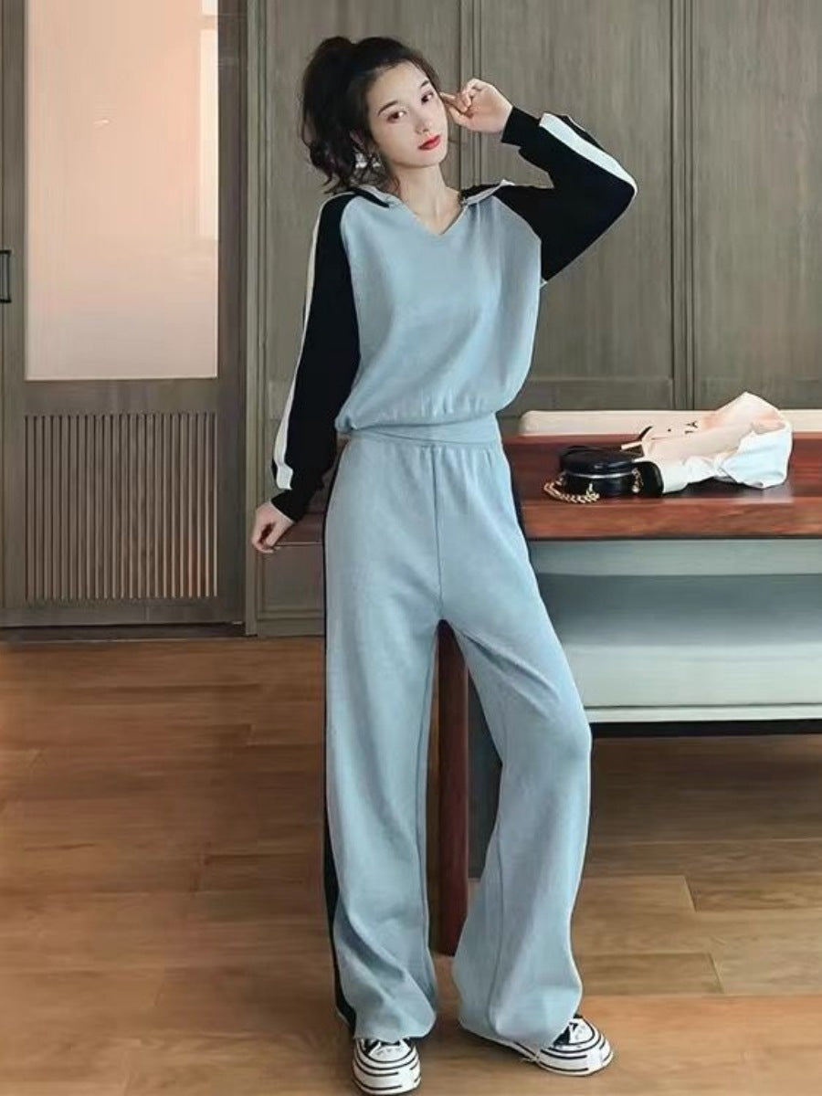 V-neck Hooded Sweater Loose Wide Leg Pants Anti-aging Casual Sports Suit