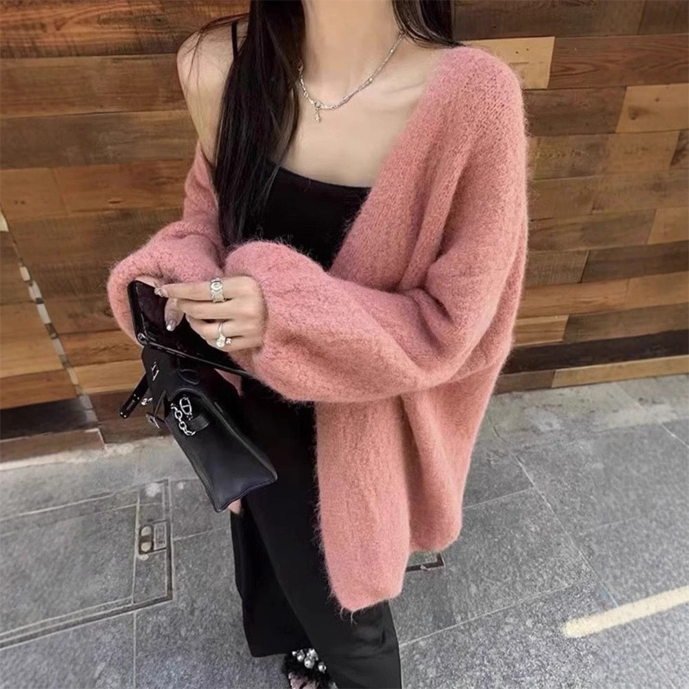 Autumn And Winter Loose Alpaca Fleecefiber Knitted Cardigan