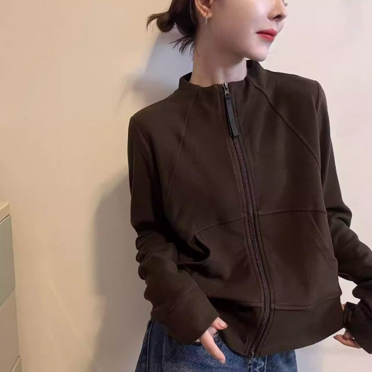 Minimalist-style Women's Hoodie With A Stand-up Collar And Double Zippers