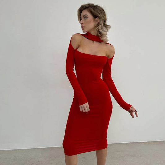 Fashionable Cutout Halterneck Sexy Tube Top Bodycon Elegant Celebrity-Style Hip-Hugging Dress