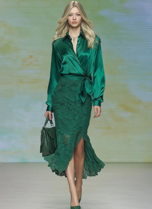 Stylish And Elegant Green Satin Blouse And Lace Skirt Set