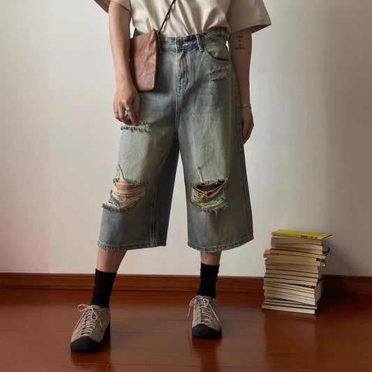 Ripped vidde benede jeans Løse retro vaskede lige korte bukser