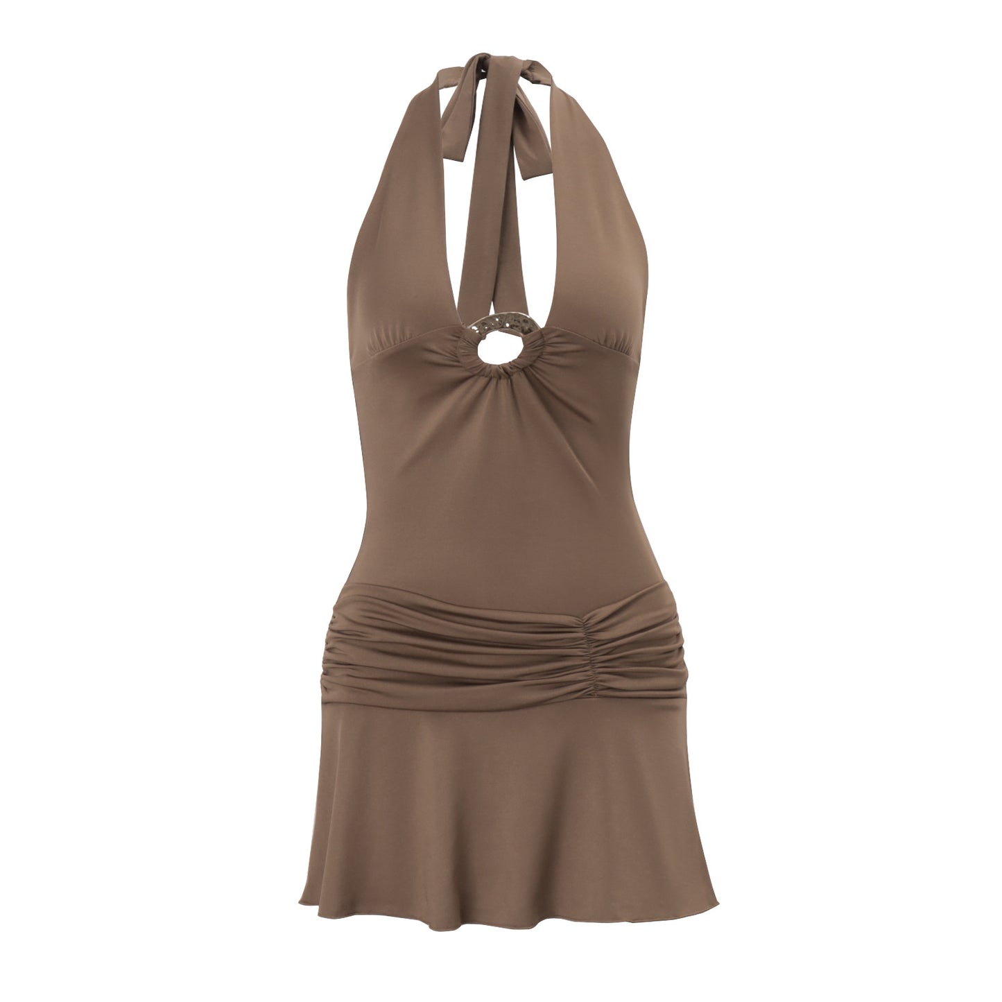 Solid-color V-neck Halter Backless Cinched-waist Pleated Sleeveless Mini Dress