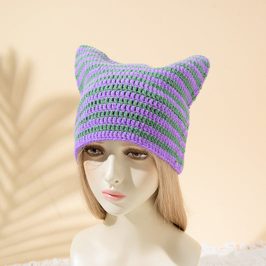 Women's Japanese Funny Little Devil Cat Ears Striped Knitted Woolen Cap