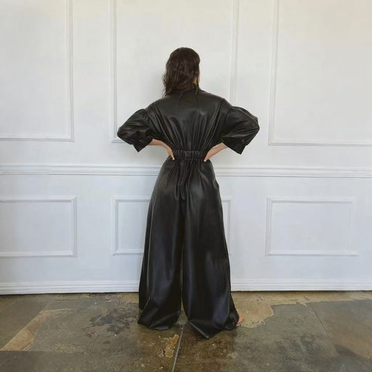 Sort PU Retro Løs Læder Knap Lomme Jumpsuit