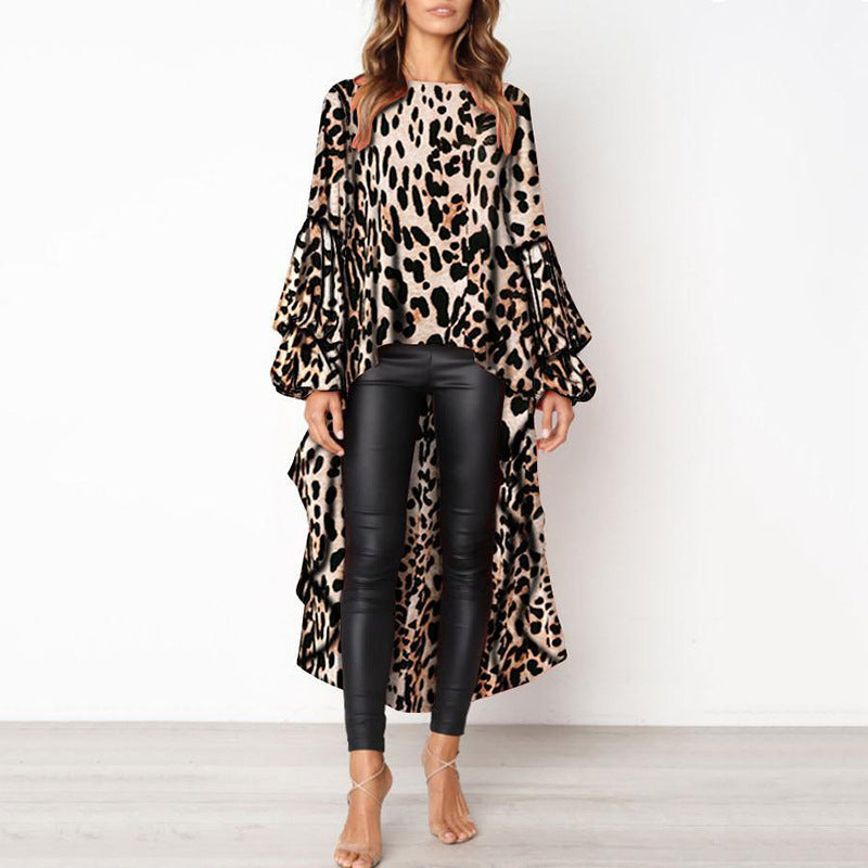 Langærmet Irregulær Leopardprintet Skjorte til Kvinder