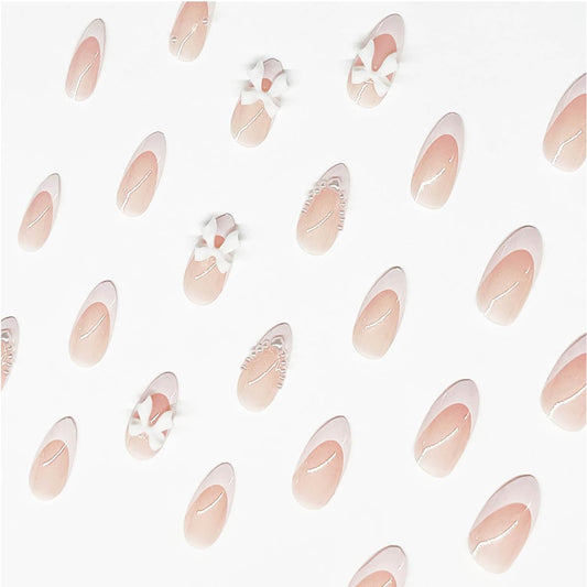 24Pcs Almond Press on Nails French Tips Short Fake Nails with Cute Bow Charms Design French Press on False Nails Nude Pink Acrylic Nails Almond Shaped Artificial Nails for Women Girls Manicure Tip