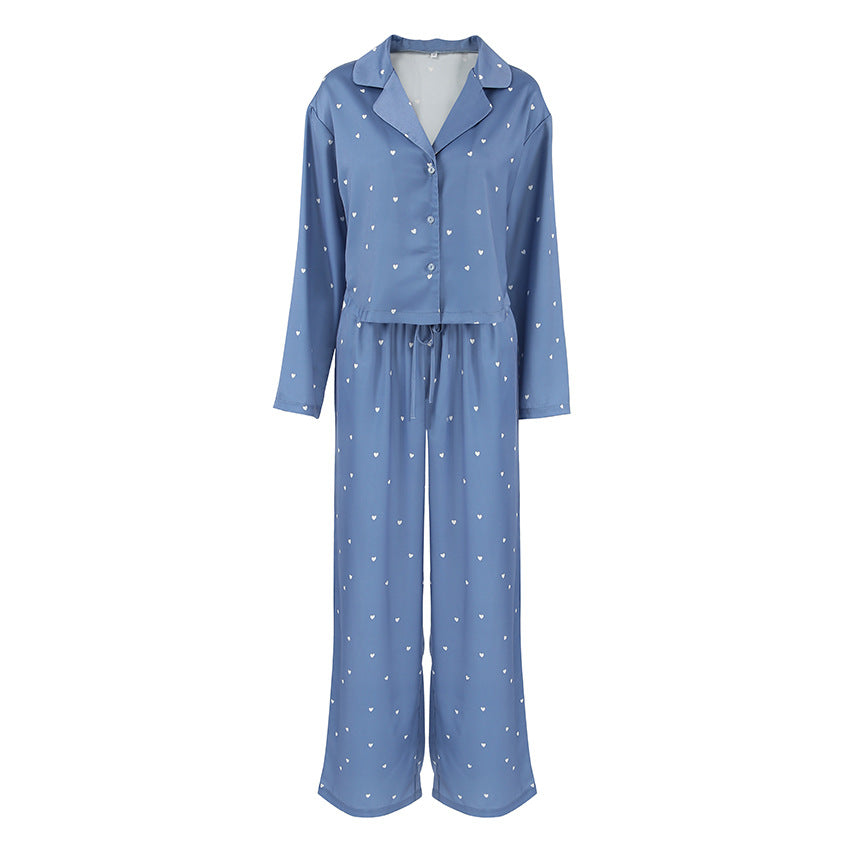 Relaxed-fit Casual Blue Heart-print Pajama Set 2 Pieces