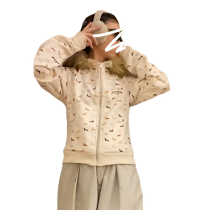 Loose Casual Cardigan American Retro Fur Collar Hoodie Coat