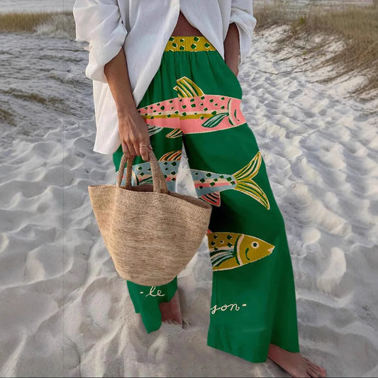 Casual Relaxed-fit Athletic Wide-leg Pants With A Fish-scale Pattern