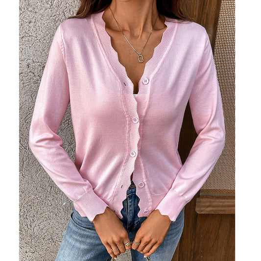 V-neck Long-sleeved Knitted Cardigan Pure Color Ice Silk Coat For Women