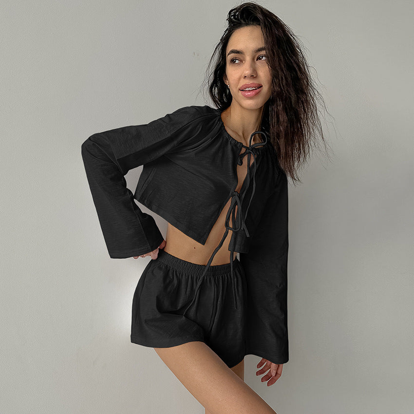 Long-sleeve Tie-front Cardigan And Cotton Shorts Pajama Set