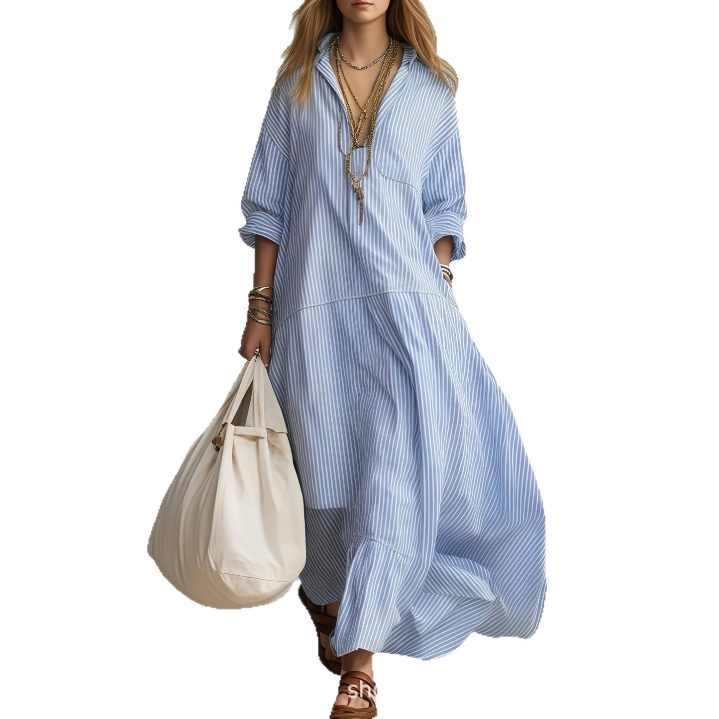 Women's Casual Striped Loose Long-Sleeve Dress