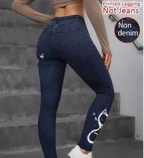 Women's High-Elastic Imitation Denim Leggings With Realistic Denim Print