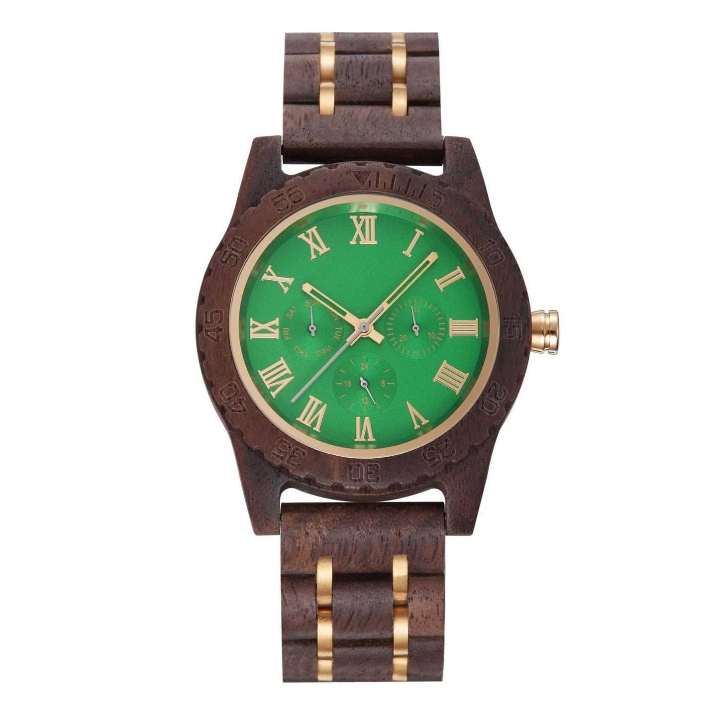 Herre Quartz Ur med Retro Valnød og Guld, Multifunktionelt