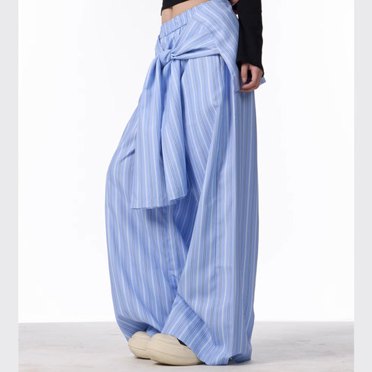 Retro Contrast Color Striped Wide-leg Pants Female Loose Casual Trousers