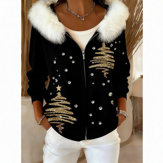 Fashionable 3D Digital Printed Women's Cardigan With Fur Collar And Hooded Sweatshirt
