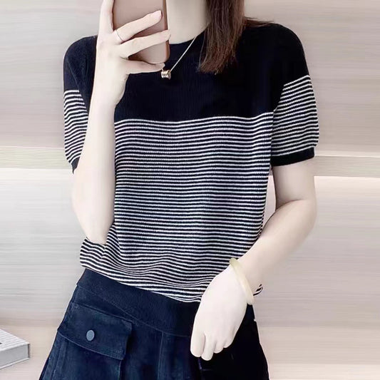 Round Neck Ice Silk Knitwear Thin Simple Pullover Short Sleeve