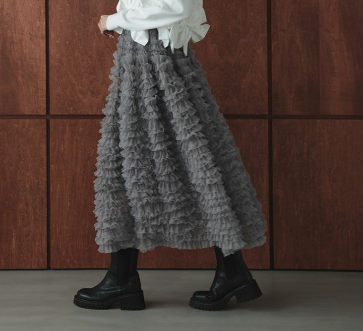 Womens Long-Sleeve Knitted Cardigan And Mesh Tiered Skirt Set