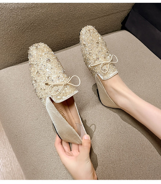 Rhinestone Square Head Pumps Women's Flat Low-cut All-match