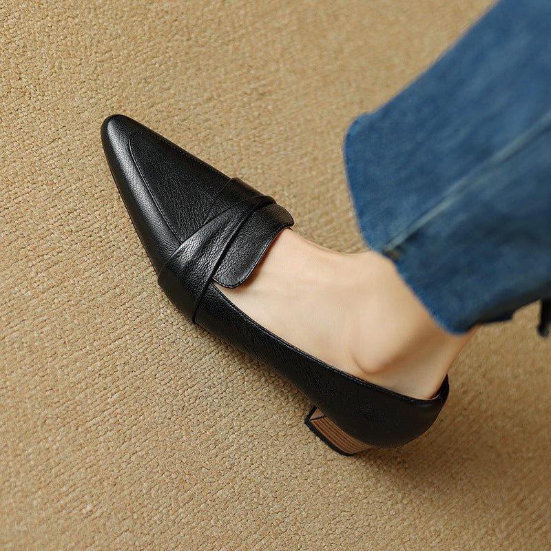 Full-grain Sheepskin Pointed-toe Chunky Heel Shoes Women's Spring New
