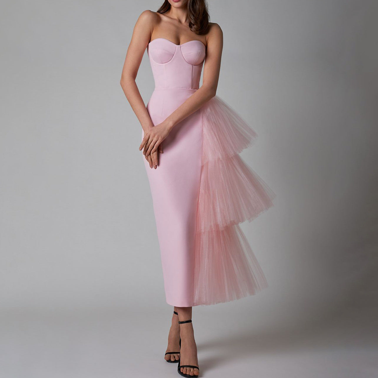 Evening Gown Long High-elastic Pleated Mesh Sheath Dress