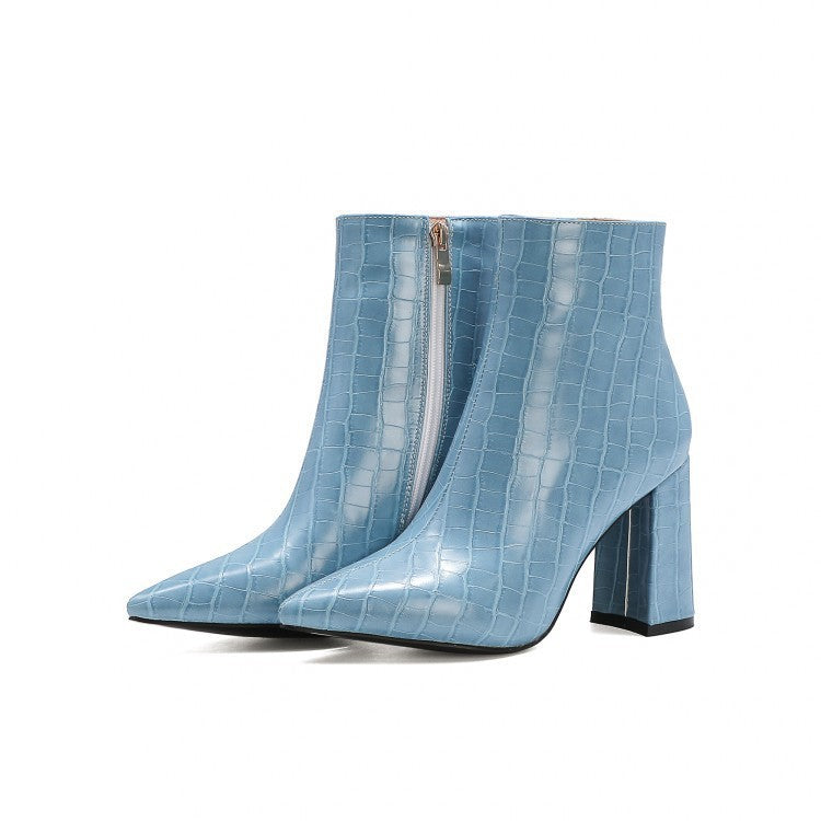 Stone Print Block Pointed Toe High Heel Boots