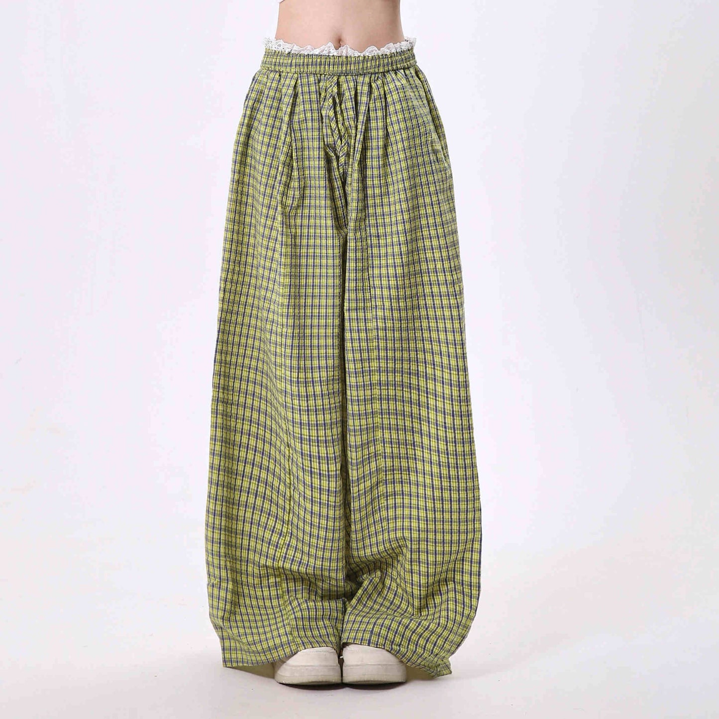 Casual Pants Women's Lace Stitching Plaid Loose-fitting Wide Leg Pants
