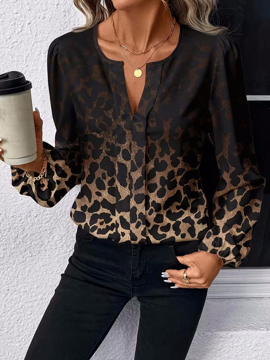 Women's Casual Leopard-Print Puff-Sleeve V-Neck Shirt