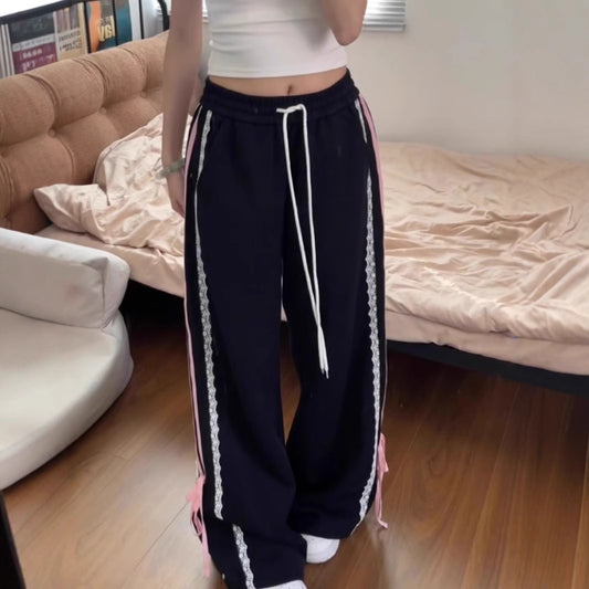 Black Sweet Cool Lace Ribbon Stitching Sports Pants