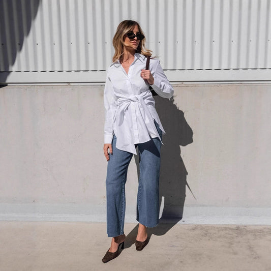 Elegant White Lace-up Waist Trimming Fashion Lapel Cotton Women's Shirt