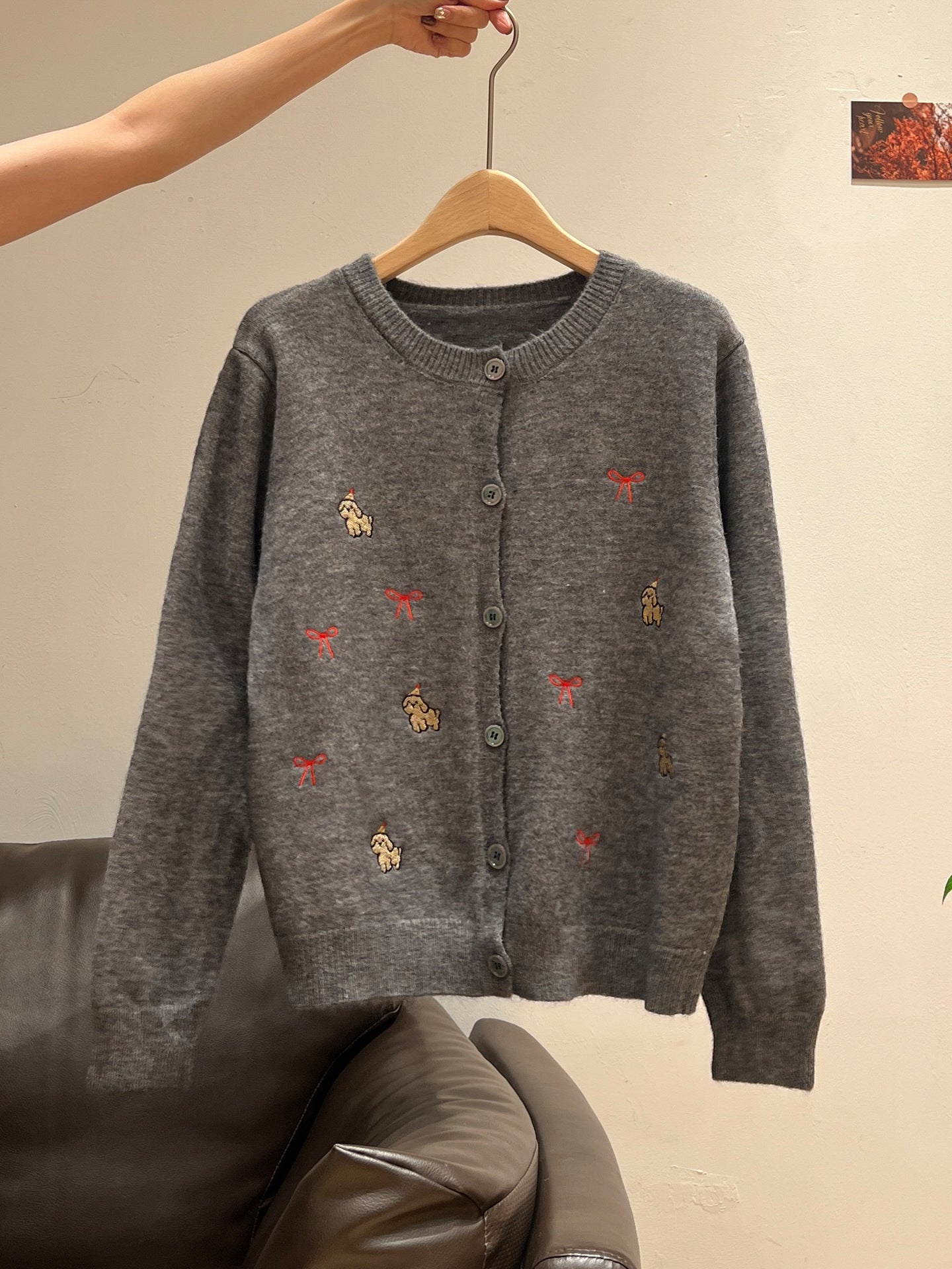 Red Embroidered Button Front Long Sleeve Knitted Cardigan Women's Sweater