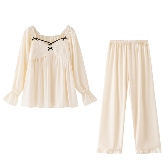 New SpringSummer High-End Womens Long-Sleeve Pajama Set With Chest Pads And Long Pants